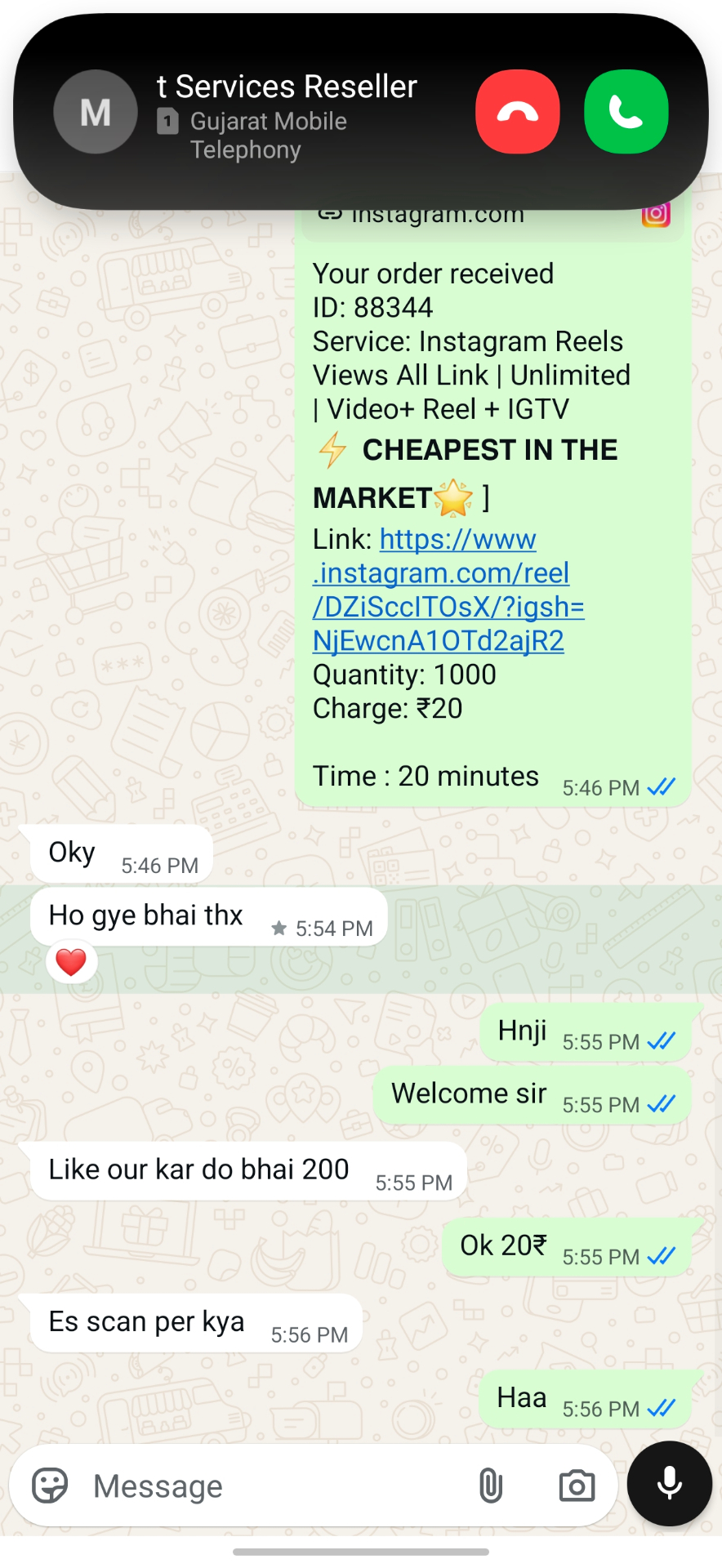 Client WhatsApp conversation with Pushpraj Digital Services