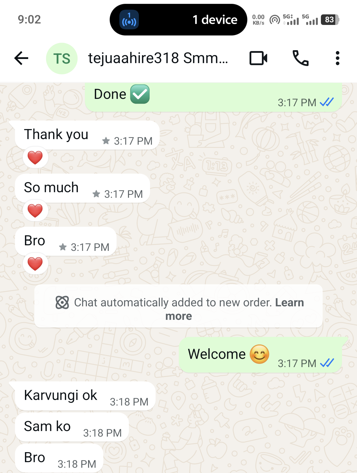 Client WhatsApp conversation with Pushpraj Digital Services